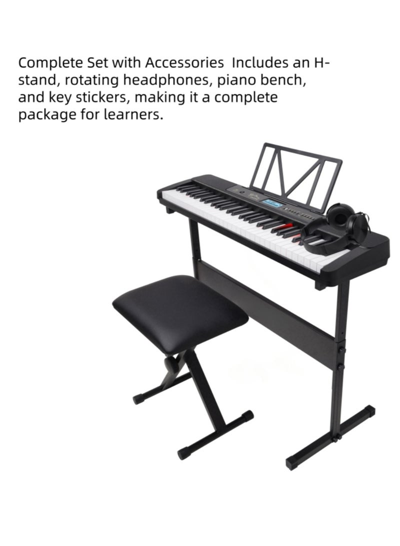Generic 61-Key Lighted Keyboard with H-Stand, Rotating Headphones, Black & White Key Stickers, Piano Bench, Smart APP Teaching, USB MIDI, 430 Timbres, 300 Rhythms, 50 Demo Songs, LCD Display(MK-200, Black - Image 3