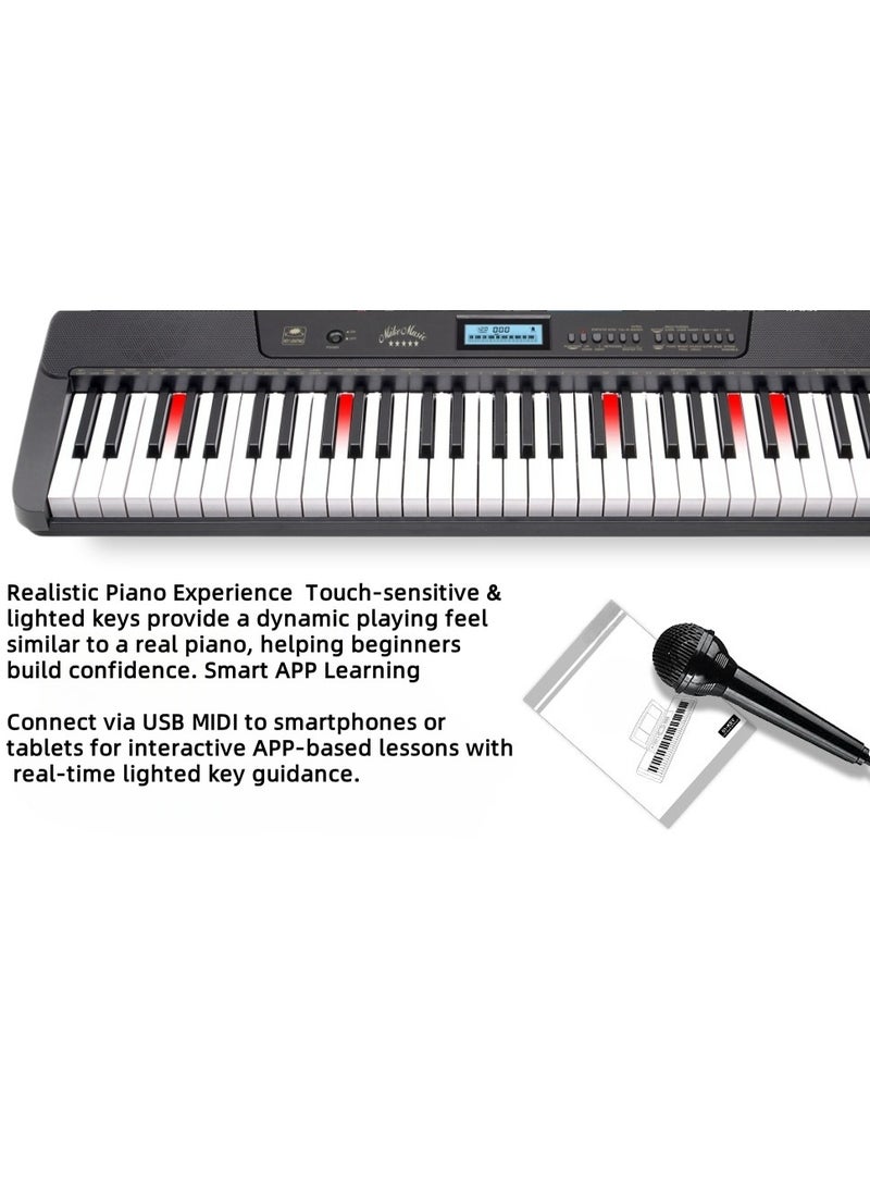 Generic 61-Key Lighted Keyboard with H-Stand, Rotating Headphones, Black & White Key Stickers, Piano Bench, Smart APP Teaching, USB MIDI, 430 Timbres, 300 Rhythms, 50 Demo Songs, LCD Display(MK-200, Black - Image 5