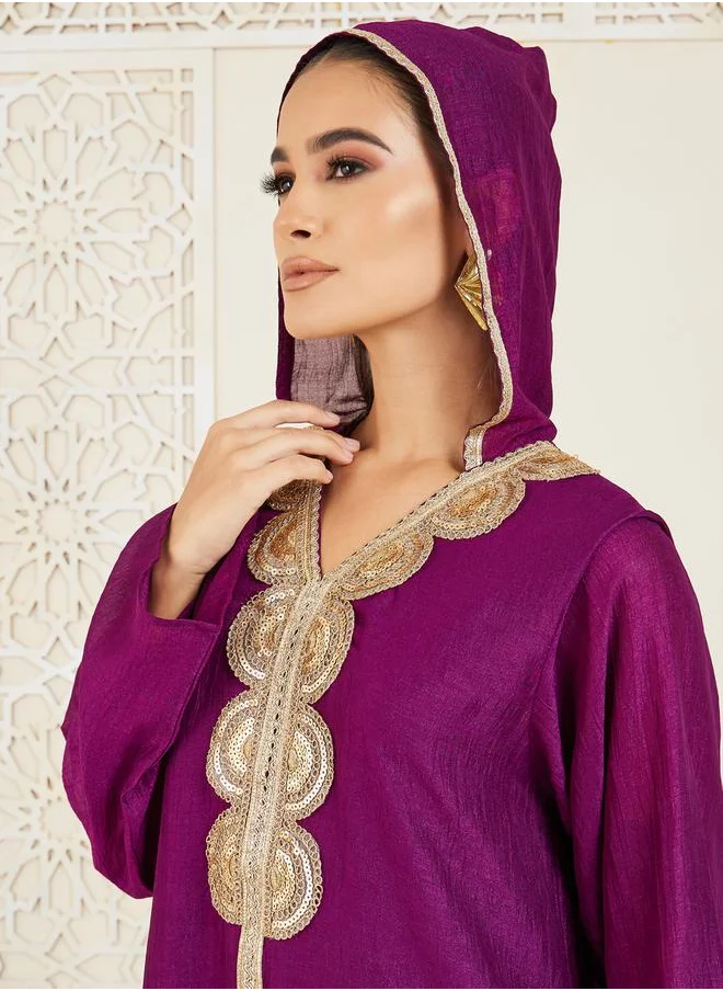 Styli Embroidered Lace Detail Hooded Jalabiya