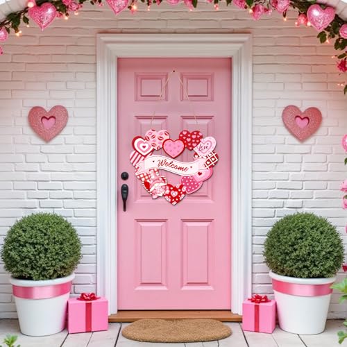 KIGEAPUEL Valentines Day Heart Door Sign Love Red Pink Wooden Sign for Front Door, Hearts Pattern Wood Wall Hanging Sign with Ribbon Holiday Home Decorations - Image 3