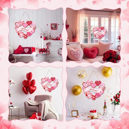 KIGEAPUEL Valentines Day Heart Door Sign Love Red Pink Wooden Sign for Front Door, Hearts Pattern Wood Wall Hanging Sign with Ribbon Holiday Home Decorations - Image 5