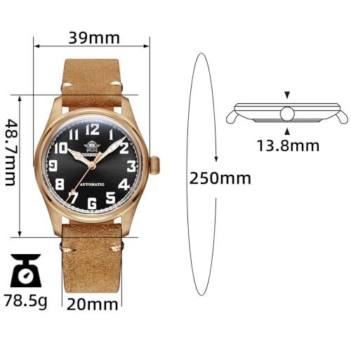 ADDIESDIVE Vintage Bronze Automatic Watch 39 MM Small Caliber Wristwatch Solid Bronze Buckle Crown Suede Leather Strap - Image 2
