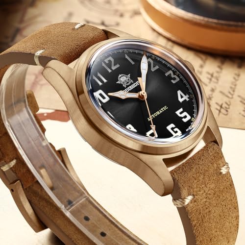 ADDIESDIVE Vintage Bronze Automatic Watch 39 MM Small Caliber Wristwatch Solid Bronze Buckle Crown Suede Leather Strap - Image 5