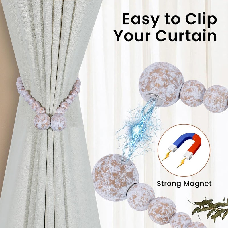 KLOGTSIND Magnetic Curtain Tiebacks, Curtain Tie Backs for Curtains 2 Pack, Wood Bead Curtain Tiebacks, Curtain Holders for Boho Bedroom Decor, Baby Nursery Decor, Farmhouse Decor - Image 2