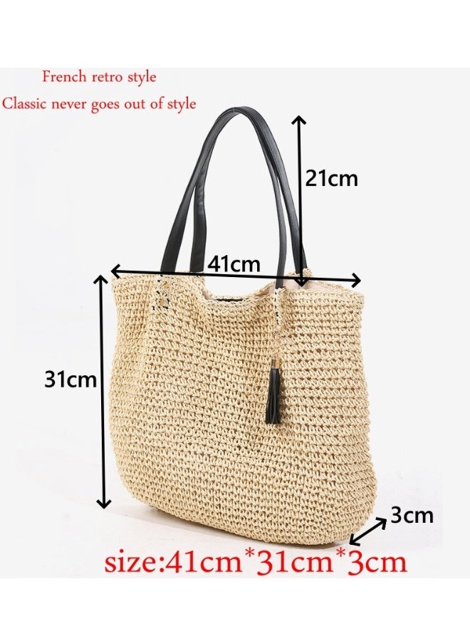 حقيبة قش فرنسية كبيرة بوهيمية مع شرّابات، حقيبة يد منسوجة للكتف للبحر والعطلات، بسكّر مغناطيسي أنيق - Image 2