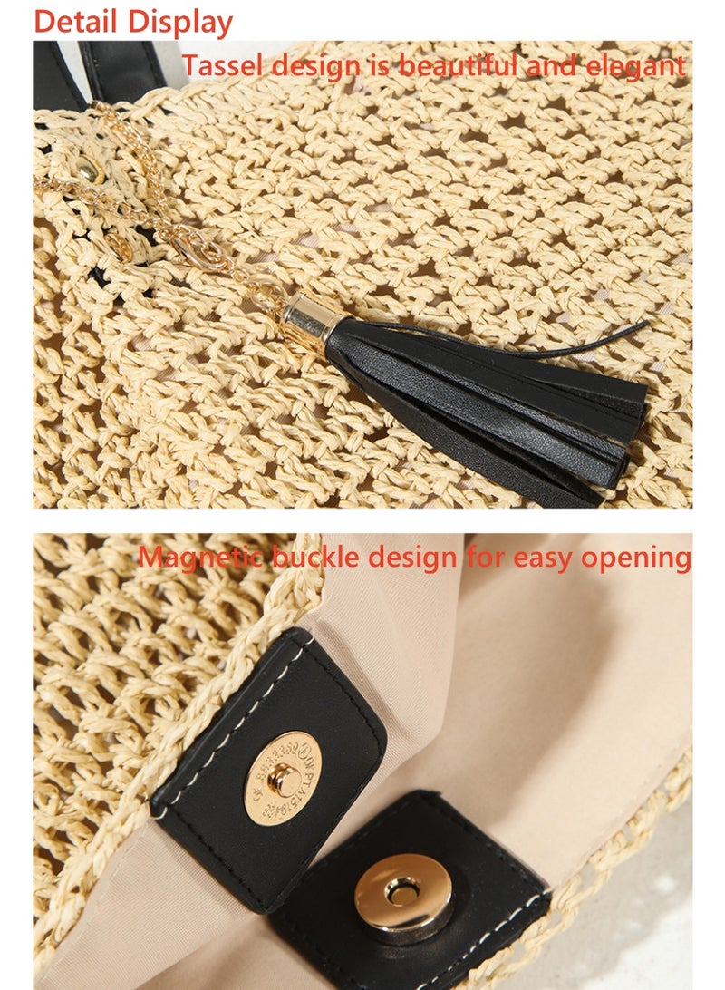 حقيبة قش فرنسية كبيرة بوهيمية مع شرّابات، حقيبة يد منسوجة للكتف للبحر والعطلات، بسكّر مغناطيسي أنيق - Image 4