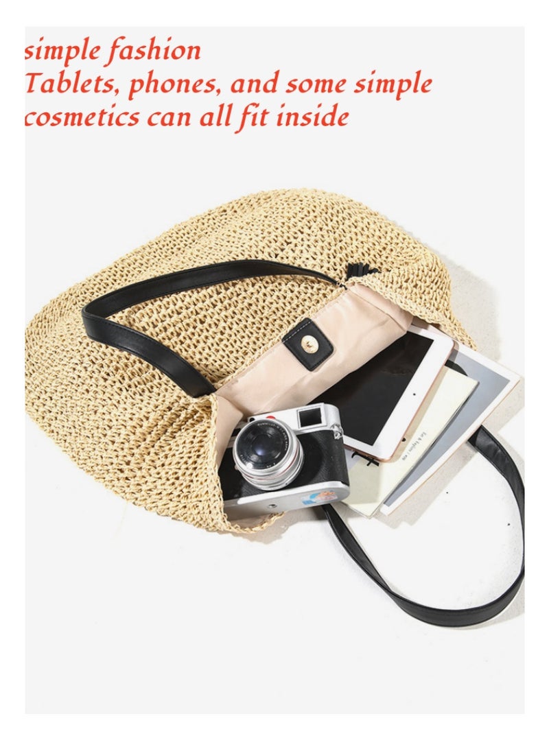 حقيبة قش فرنسية كبيرة بوهيمية مع شرّابات، حقيبة يد منسوجة للكتف للبحر والعطلات، بسكّر مغناطيسي أنيق - Image 3