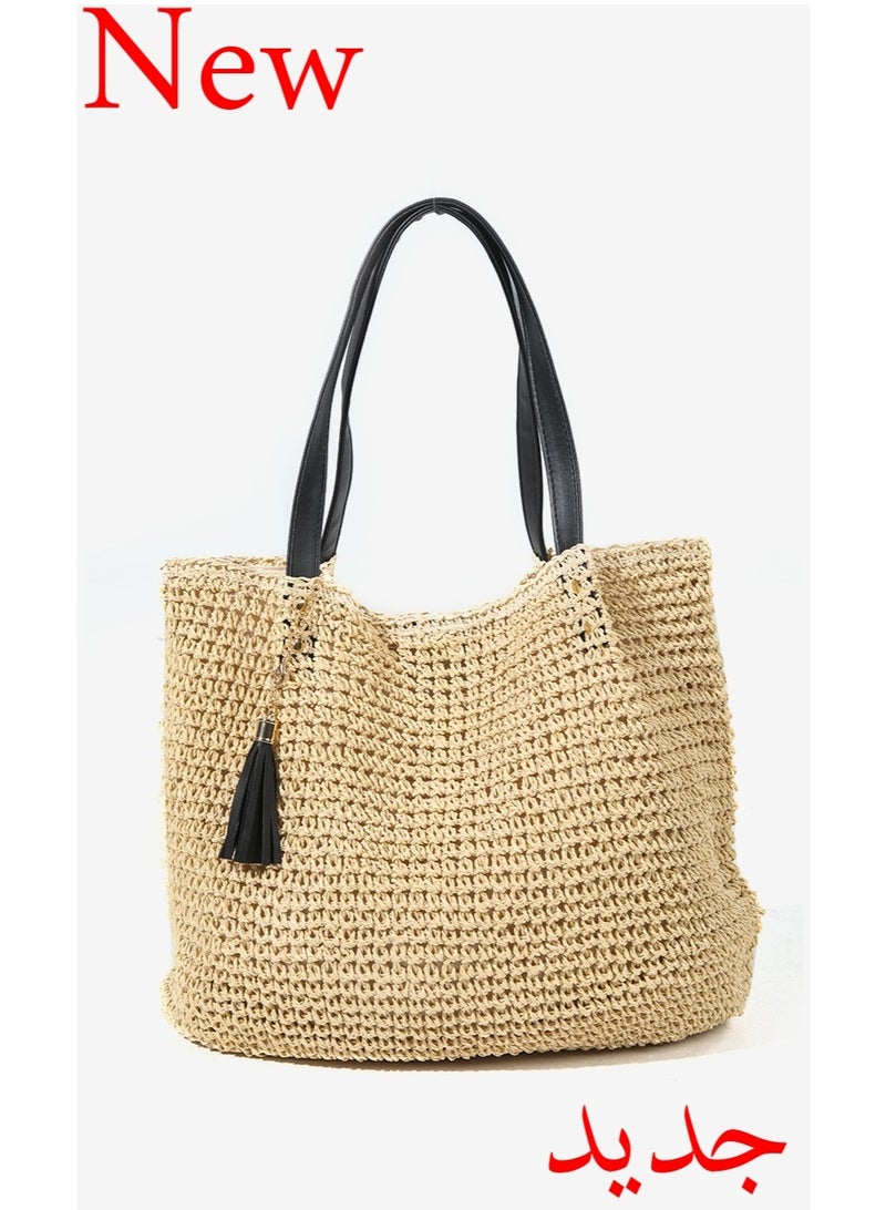 حقيبة قش فرنسية كبيرة بوهيمية مع شرّابات، حقيبة يد منسوجة للكتف للبحر والعطلات، بسكّر مغناطيسي أنيق - Image 1