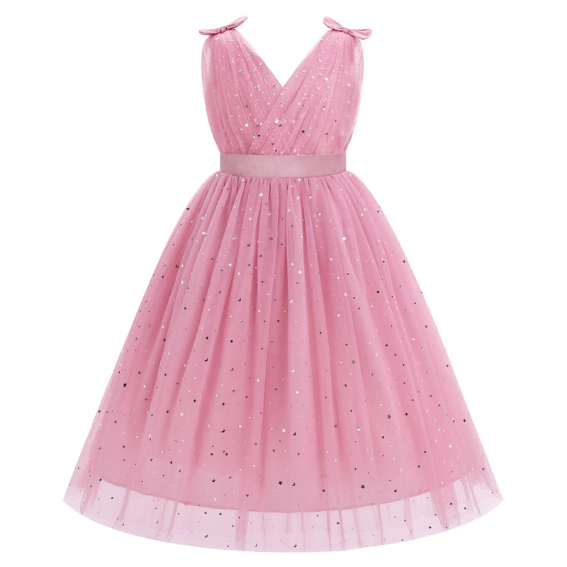 ODOLDI Kids Girls Wedding Flower Girl Dress Rainbow Sparkly Tulle Formal Prom Ball Dress, Red Bean Pink, 3-4 Years - Image 1