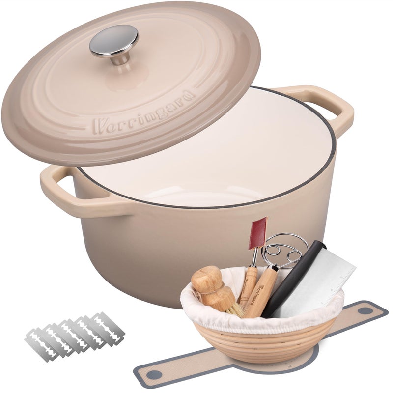 VORRINGARD Enameled Cast Iron Dutch Oven Pot with Lid, for Bread Baking, Round Bread Oven- include Sourdough Bread Baking Supplies Set, 4.5QT, Latte - Image 1
