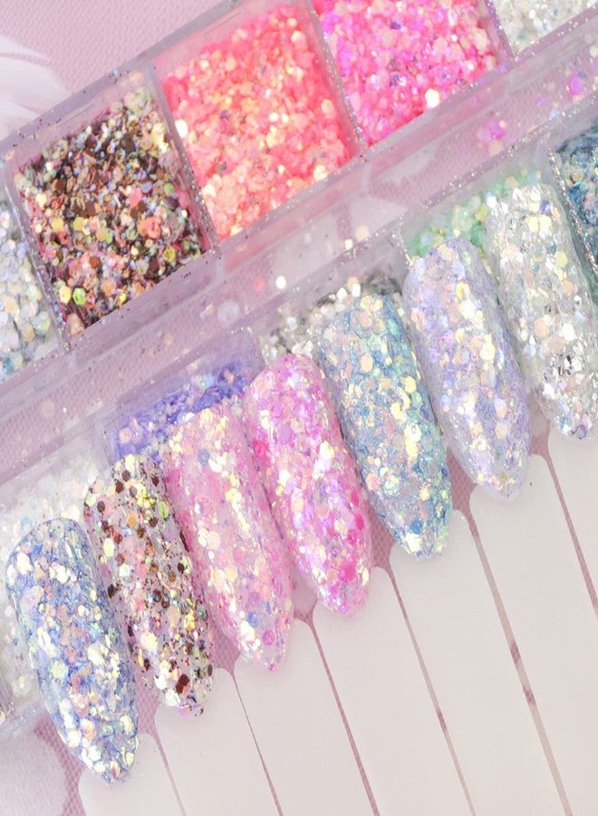 Onsdag 12 Colors Iridescent Glitter Nail Art Sequins, Colorful Sparkly Nail Flakes Design, Holographic Ultra-Thin Hexagon Powder Acrylic Supplies for Women Girls Manicure Summer Decorations, 3D Accessories - Image 2