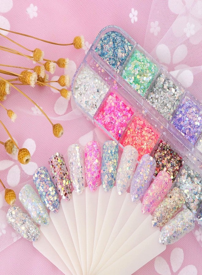 Onsdag 12 Colors Iridescent Glitter Nail Art Sequins, Colorful Sparkly Nail Flakes Design, Holographic Ultra-Thin Hexagon Powder Acrylic Supplies for Women Girls Manicure Summer Decorations, 3D Accessories - Image 3