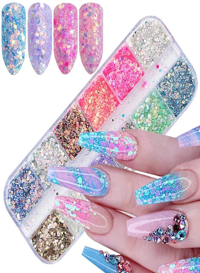 Onsdag 12 Colors Iridescent Glitter Nail Art Sequins, Colorful Sparkly Nail Flakes Design, Holographic Ultra-Thin Hexagon Powder Acrylic Supplies for Women Girls Manicure Summer Decorations, 3D Accessories - Image 1