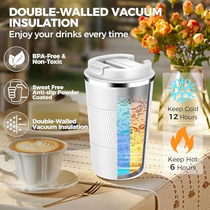 AquaFalcon كوب قهوة للسفر معزول بالفراغ من الفولاذ المقاوم للصدأ، كوب قهوة قابل لإعادة الاستخدام ومضاد للتسرب مع غطاء، يحافظ على المشروبات الساخنة والباردة لساعات، ترمس متين للرجال والنساء، 12 أونصة، أبيض - Image 3