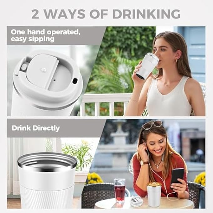 AquaFalcon كوب قهوة للسفر معزول بالفراغ من الفولاذ المقاوم للصدأ، كوب قهوة قابل لإعادة الاستخدام ومضاد للتسرب مع غطاء، يحافظ على المشروبات الساخنة والباردة لساعات، ترمس متين للرجال والنساء، 12 أونصة، أبيض - Image 4