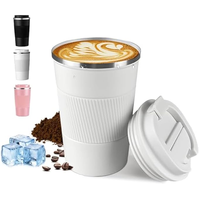 AquaFalcon كوب قهوة للسفر معزول بالفراغ من الفولاذ المقاوم للصدأ، كوب قهوة قابل لإعادة الاستخدام ومضاد للتسرب مع غطاء، يحافظ على المشروبات الساخنة والباردة لساعات، ترمس متين للرجال والنساء، 12 أونصة، أبيض - Image 2