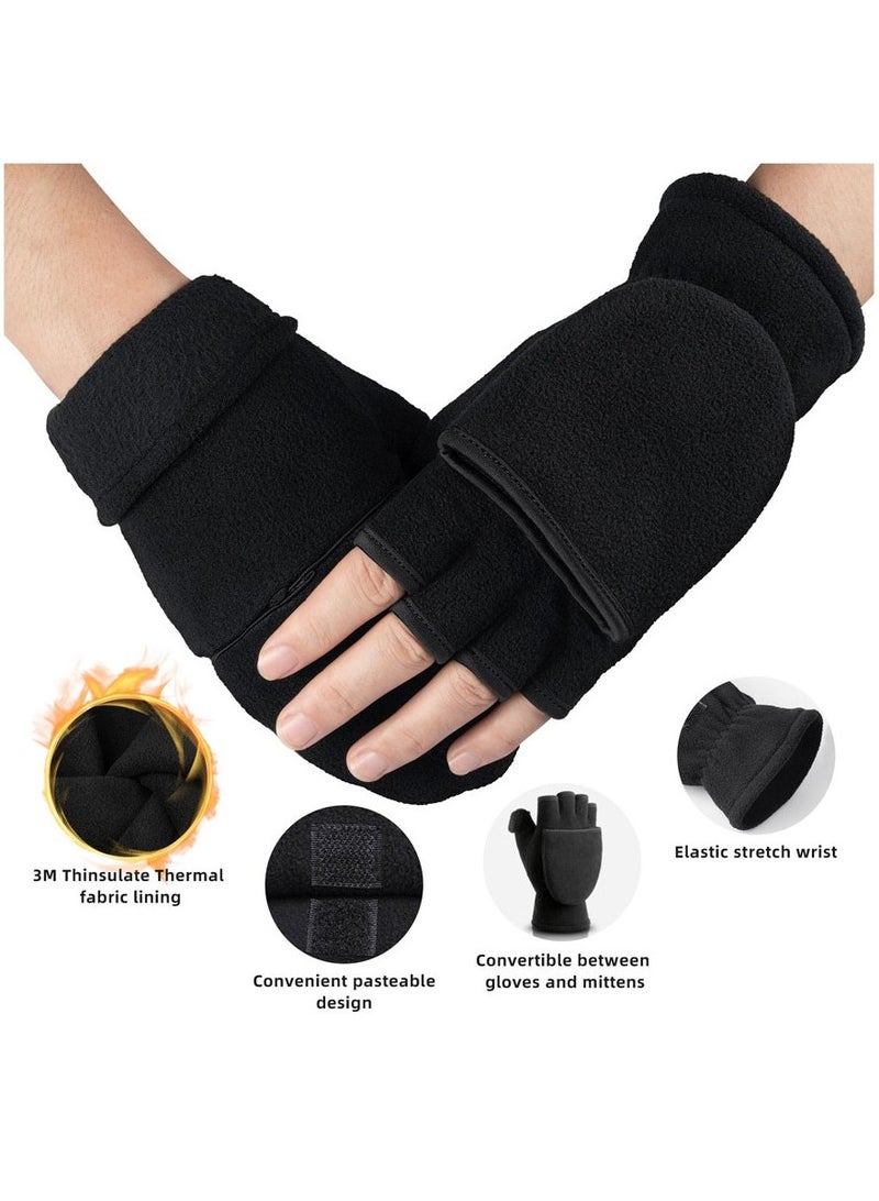Generic Winter Gloves Finger less Convertible Mittens Thermal Polar Fleece Insulated Lining Windproof Warm for Men Women  - Image 2