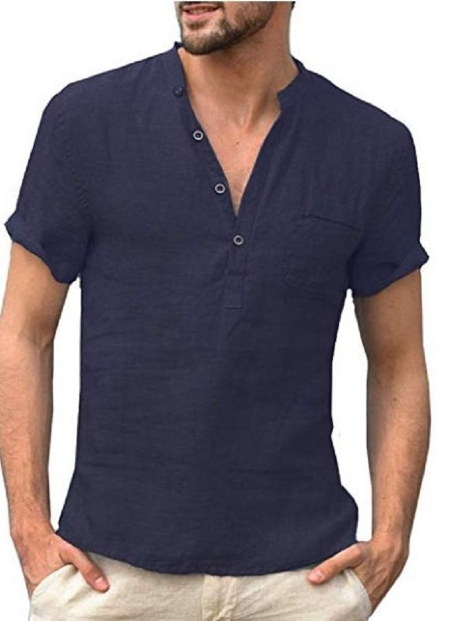 NIBEMINENT Men's Flax Stand Collar Button Down Shirt 