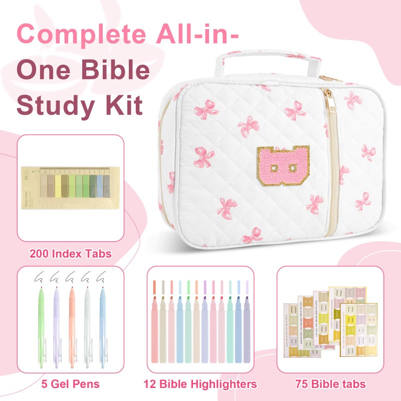 Iqimott Personalized Initial Bible Cover Case for Women Girls Kid - Large Quilted Bible Case with Handle, Stylish Chenille Letter Bag Study Supplies, Perfect Christmas Gifts for Christians Women (Pink Bow-B) - Image 3