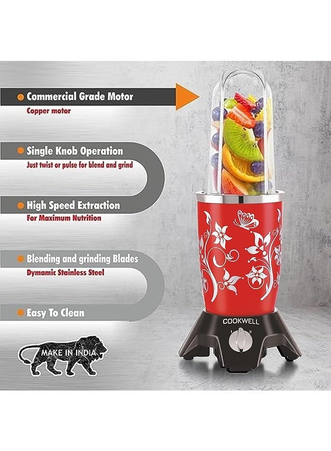 Cookwell Bullet Mixer Grinder (3 Jar, 2 Blade, Red) - Copper, 600 Watts - 2 Year Warranty - Image 3