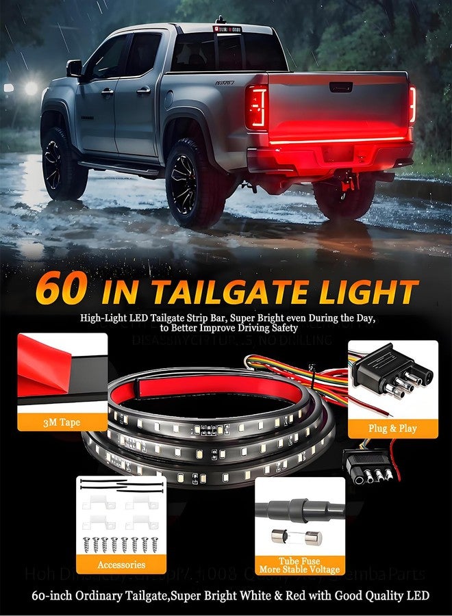 Qasim 60inch Truck Tailgate Light Strip Bar,White Reverse Light/Red Brake Rear Turn Signal LED Strip for Pickup Trailer Cargo Tailgate Running Flash Light - Image 2