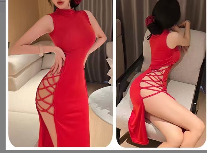 European and American  Summer New Sexy High Slit Lace-up Vest Dress Women's Lingerie Cross-border  Hollow-out