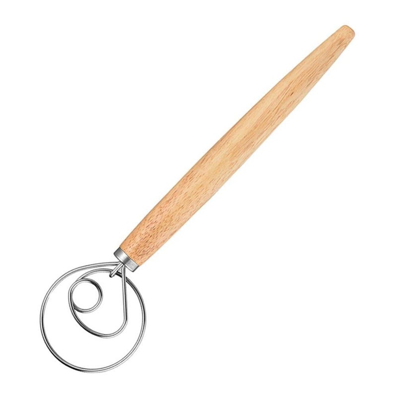 FveBzem Danish Dough Whisk 13 Stainless Steel Bread Whisk Bread Making Tools Danish Dough Hook Bread Dough Mixer Hand Bread Dough Whisk for Pastry Baking Cake Dessert Sourdough Pizza with Wooden Handle