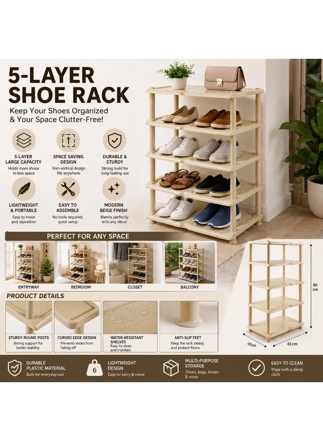 الابرص بلاستيك رف أحذية 5 طبقات منظم تخزين متعدد الطبقات، تصميم موفر للمساحة، خفيف ومتين، مناسب للمدخل وغرفة النوم والخزانة، لون بيج - Image 3