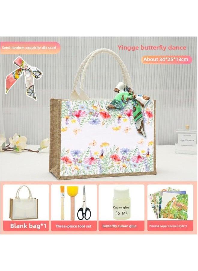 Thanksgiving Diy Handmade Butterfly Ancient Bart Canvas Tote Bag Sack Paste Group Building Parent-child Material Warm-up Field-Color:Butterfly Cubanite Yingge Dance Pack + Large Burlap Horizontal Style  - Image 1