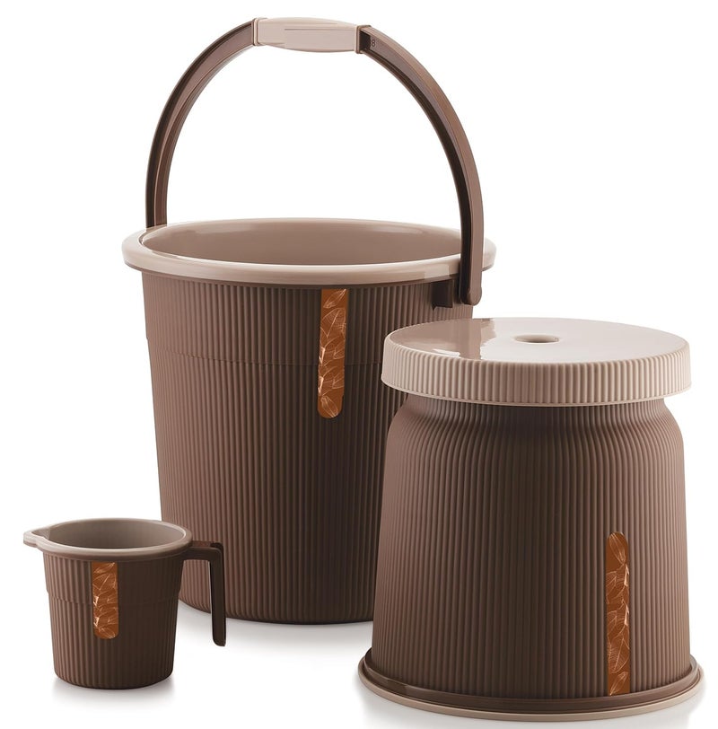 Liza Liza Newton 11Piece Complete Bathroom Essential Set for Home, Kitchen & Bathroom Includes 20L Bucket, 18 L Tub, Big Stool, Dustbin, and More (Pack of 11) Dark Brown - Image 2