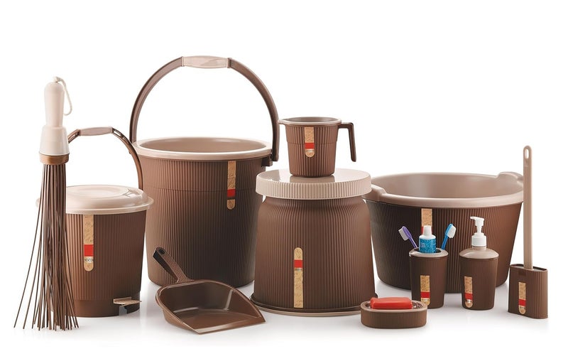 Liza Liza Newton 11Piece Complete Bathroom Essential Set for Home, Kitchen & Bathroom Includes 20L Bucket, 18 L Tub, Big Stool, Dustbin, and More (Pack of 11) Dark Brown - Image 1