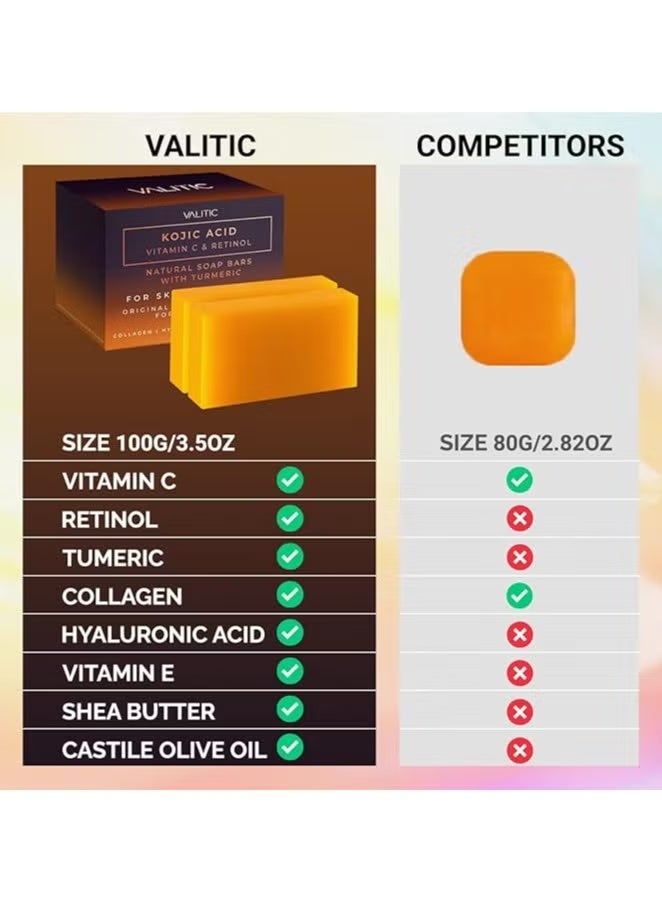 فاليتيك صابون لإزالة البقع الداكنة بحمض الكوجيك مع فيتامين سي، والريتينول، والكولاجين، والكركم - مركب ياباني أصلي غني بحمض الهيالورونيك، وفيتامين هـ، وزبدة الشيا، وزيت الزيتون القشتالي - Image 2