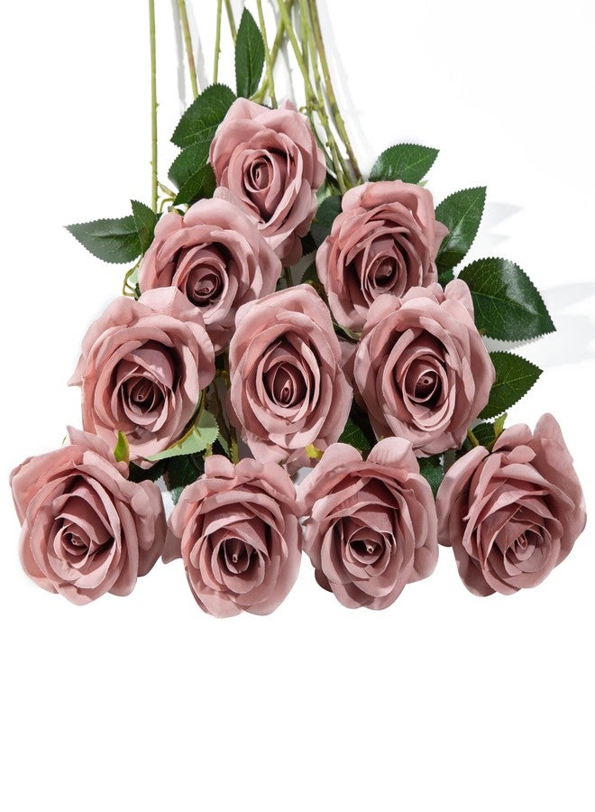 DuHouse 10pcs Silk Roses Artificial Flowers Fake Rose for Arrangement Wedding Party Home Decoration (Dusty Rose) - Image 1