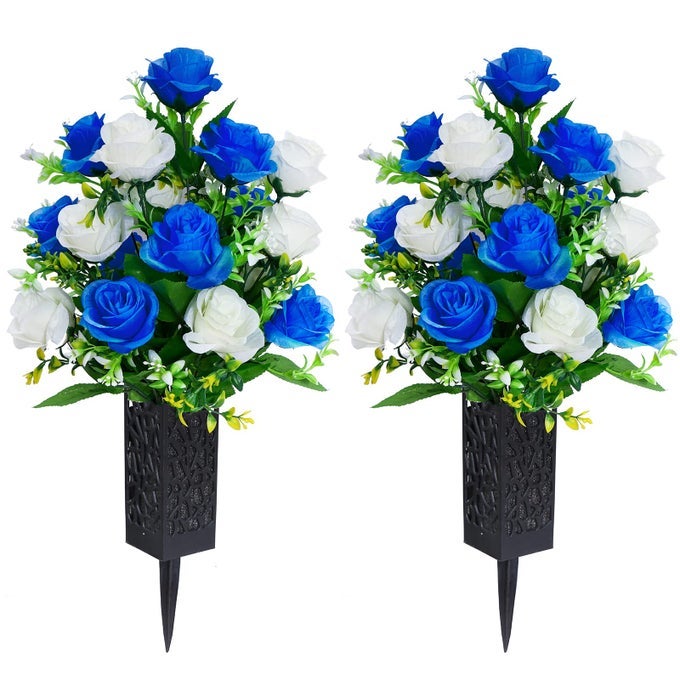 2 SETS ARTIFICIAL CEMETERY FLOWERSMEMORIAL FLOWERSBEAUTIFUL ARRANGEMENTS FOR HEADSTONESBLACK PLASTIC VASE WITH DRAINAGE HOLE LONG SPIKES OUTDOOR MEMORIALSDARK BLUE