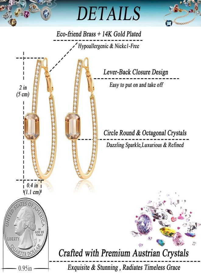 EVEVIC Stunning Austrian Crystal Octagon Hoop Earrings for Women Fashion 14K Gold Plated Hypoallergenic Jewelry Gift (Light Topaz) - Image 4