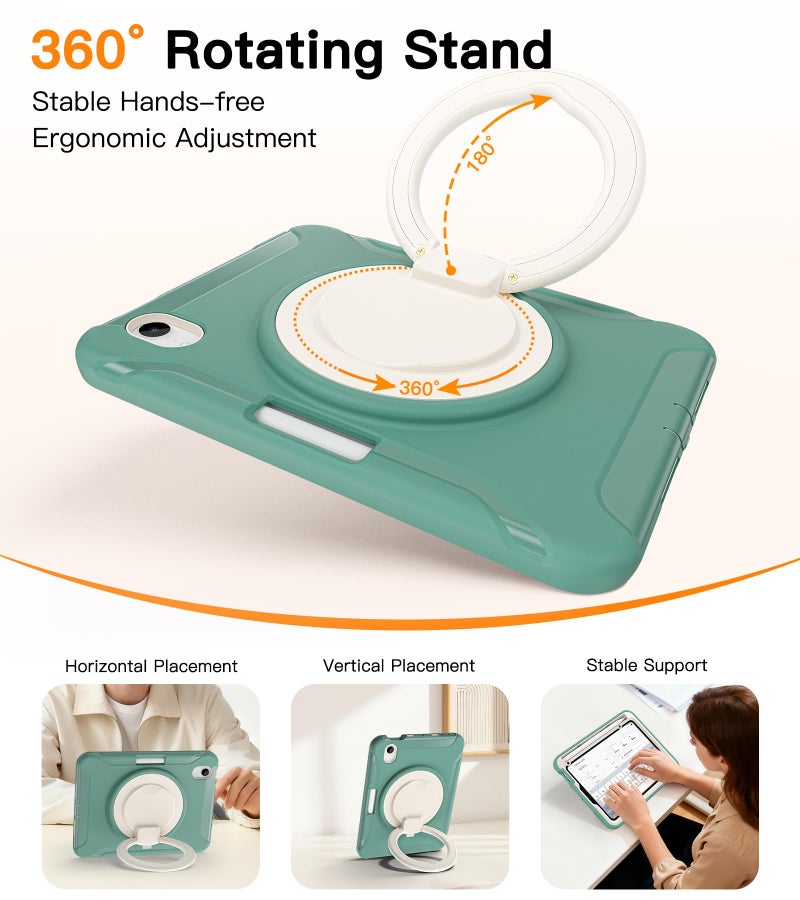 BATYUE Shockproof Case for iPad mini 7 (A17 Pro)/ Mini 6 8.3 inch (2024/2021) - 360° Multi-Angle Stand (Portrait & Landscape) & Grip, Built-in Pencil Holder, Jade Green - Image 5