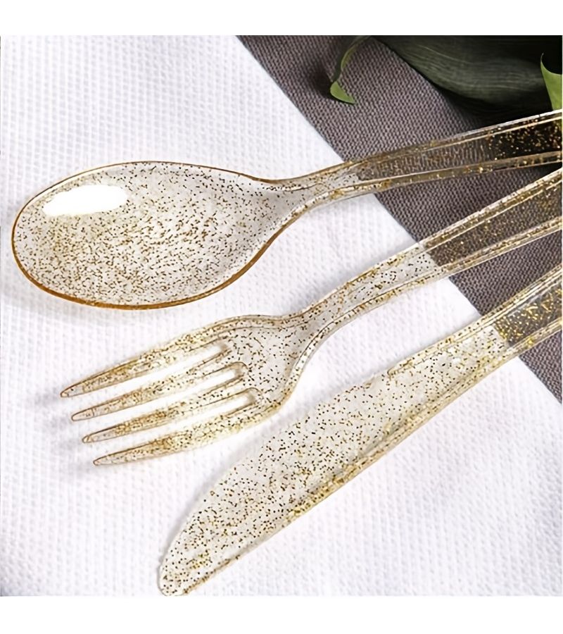 30pcs Crystal Clear Golden Glitter Cutlery Set with 10 Knives 10 Forks 10 Spoons Reusable Kitchen Utensils - Image 2