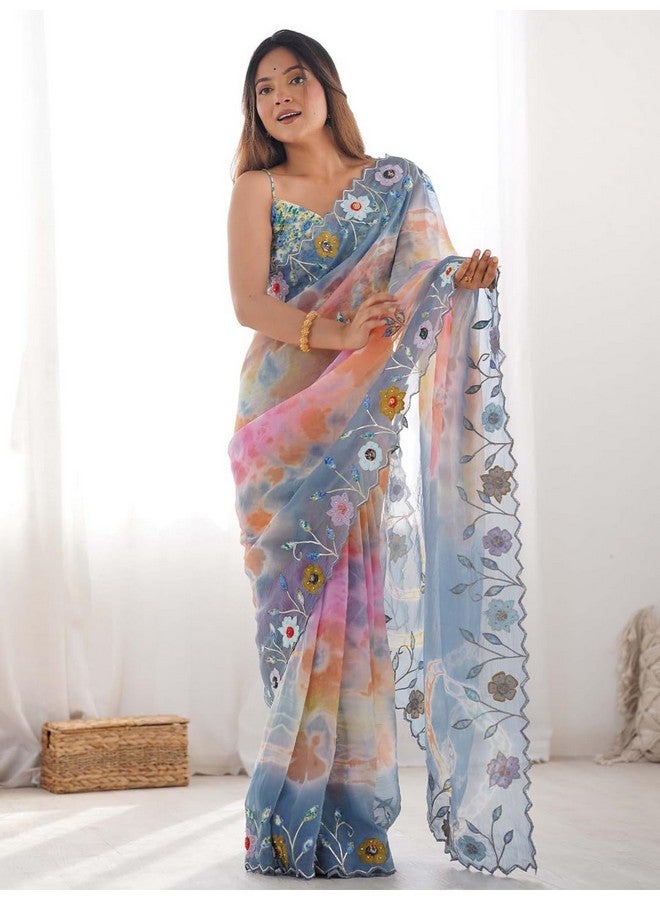 saree mall SAREE MALL Women's Blue Tissue Abstract Printed Saree With Unstitched Blouse Piece (AMITA2002_IV)  - Image 4