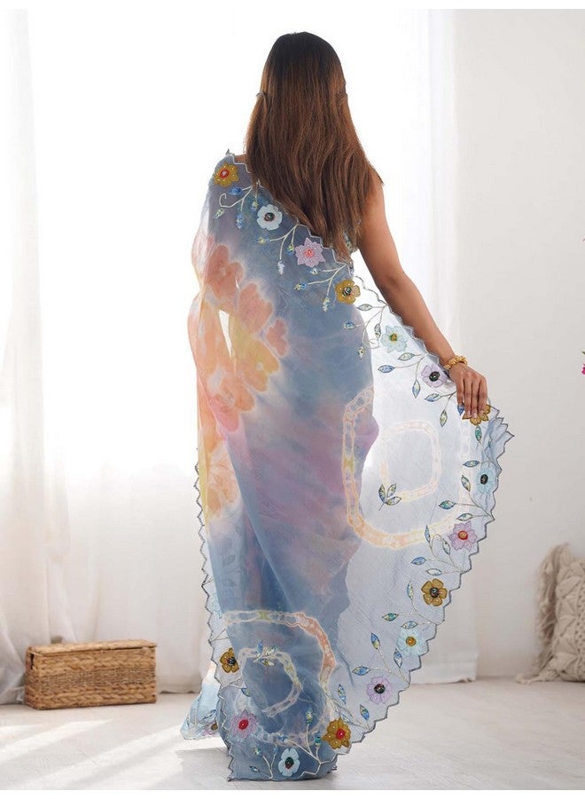 saree mall SAREE MALL Women's Blue Tissue Abstract Printed Saree With Unstitched Blouse Piece (AMITA2002_IV)  - Image 2