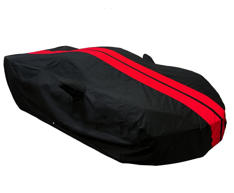 SR1 Performance C8 Corvette Indoor/Outdoor Car Cover - Ultraguard Plus Water Resistant 300 Denier Protection - Custom Fit for 2020-2024 Stingray, Z51, Z06, E-Ray Corvettes (Black with Red Stripes) - Image 4