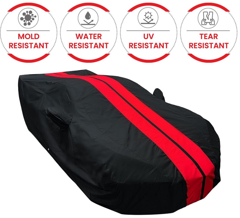 SR1 Performance C8 Corvette Indoor/Outdoor Car Cover - Ultraguard Plus Water Resistant 300 Denier Protection - Custom Fit for 2020-2024 Stingray, Z51, Z06, E-Ray Corvettes (Black with Red Stripes) - Image 2