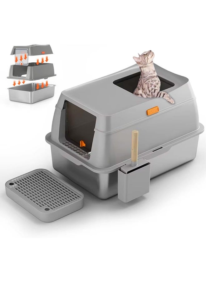 L&E Stainless Steel Cat Litter Box with Lid, Front Entry and Top Eject Cat Litter Box, Removable Cat Litter Box with Door Cover, Extra Large Enclosed Metal Litter Box with (Gray) - Image 1