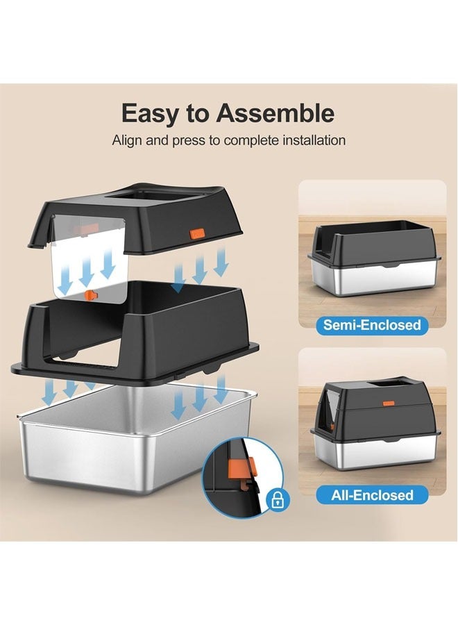 L&E Stainless Steel Cat Litter Box with Lid, Front Entry and Top Eject Cat Litter Box, Removable Cat Litter Box with Door Cover, Extra Large Enclosed Metal Litter Box with (Gray) - Image 3