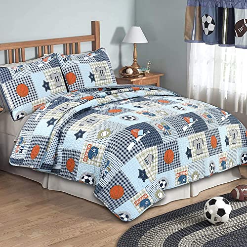 Cozy Line Home Fashions Cozy Line Home Fashions Blue Sports Baseball Basketball Soccer Ball Football Quilt Set Bedspread Coverlet for Boys Kids Sport Twin  2 Piece 