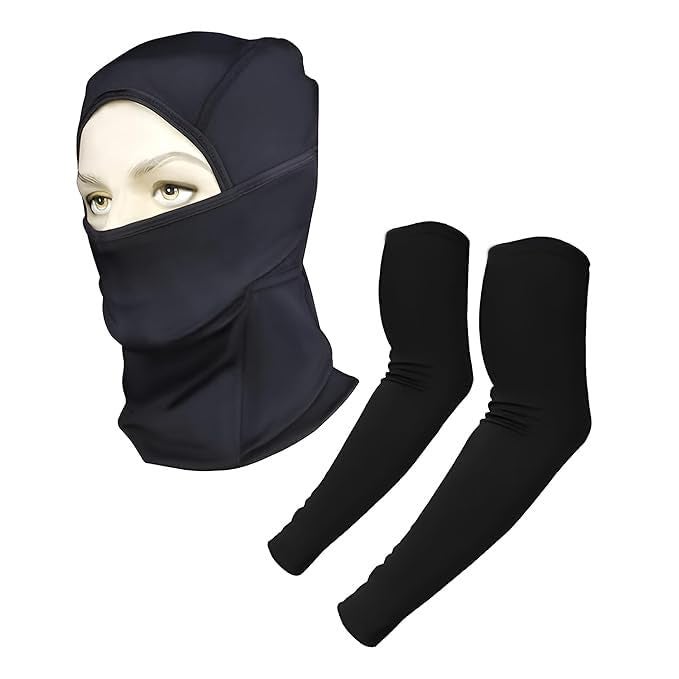 AUTOGUYS De-Fit Arm Sleeves (240 GSM) & RYDER Balaclava (240 GSM) Combo – Sweat Absorb Compression Arm Sleeves for Men Women, Balaclava Ideal for Outdoor Use (1 x Pair Sleeves 1 x Balaclava) Black - Image 1