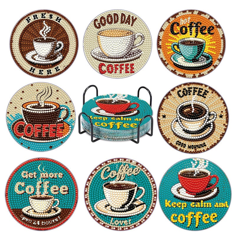 Yanfairy 8 PCS Coffee Diamond Art Coasters Kits, Diamond Painting Coasters with Holder Set of 8, DIY Drink Coasters Art Crafts Supplies for Adults Cup Mat for Home Decor House Warming Gifts Non-Slip 3.9inch - Image 1