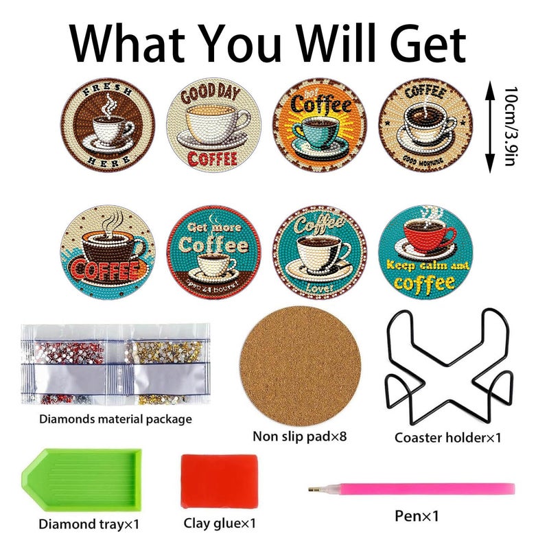Yanfairy 8 PCS Coffee Diamond Art Coasters Kits, Diamond Painting Coasters with Holder Set of 8, DIY Drink Coasters Art Crafts Supplies for Adults Cup Mat for Home Decor House Warming Gifts Non-Slip 3.9inch - Image 5