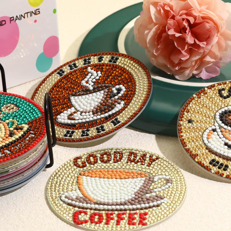 Yanfairy 8 PCS Coffee Diamond Art Coasters Kits, Diamond Painting Coasters with Holder Set of 8, DIY Drink Coasters Art Crafts Supplies for Adults Cup Mat for Home Decor House Warming Gifts Non-Slip 3.9inch - Image 3