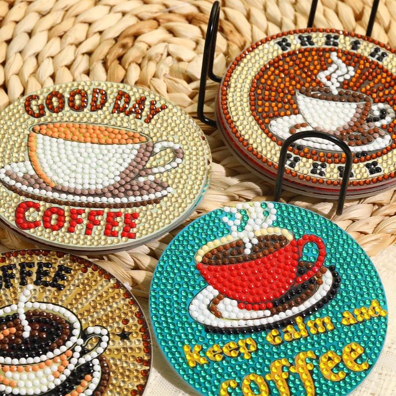 Yanfairy 8 PCS Coffee Diamond Art Coasters Kits, Diamond Painting Coasters with Holder Set of 8, DIY Drink Coasters Art Crafts Supplies for Adults Cup Mat for Home Decor House Warming Gifts Non-Slip 3.9inch - Image 4