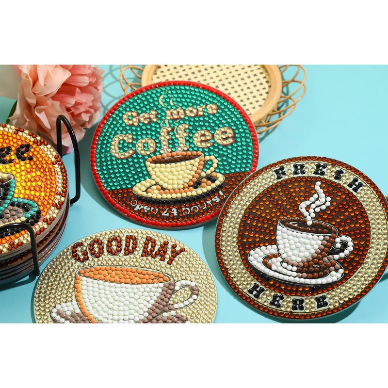 Yanfairy 8 PCS Coffee Diamond Art Coasters Kits, Diamond Painting Coasters with Holder Set of 8, DIY Drink Coasters Art Crafts Supplies for Adults Cup Mat for Home Decor House Warming Gifts Non-Slip 3.9inch - Image 2